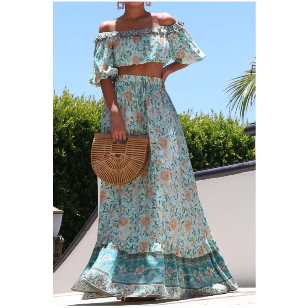 Boho Gypsy Peasant Off Shoulder Ruffle Crop Top Flared Maxi Skirt 2 Piece Set